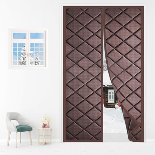 コットンカーテン 断熱カーテン マグネット暖簾 自動閉まる 冷気を防げ 高断熱 保温 防寒 防風のれん 冬は暖かい 取り付け簡単-Brown|| 80x190cm(31x74inch)