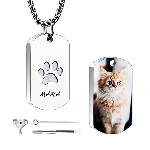 MunkiMix Collier Personnalisé pour Cendres, Imprimé Patte Pendentif Urne Cœur, Nom de Photo Gravé, Bijoux Funéraires Chien Chats, Souvenir Commémoratif de Crémation avec Ailes d'ange Cover