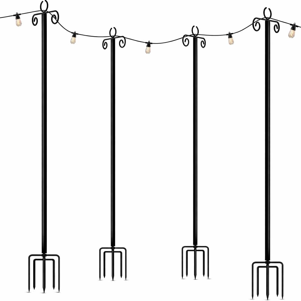 Brightech 4-Pack 10FT String Light Poles for Outdoor Use, Heavy Duty Metal Poles with Fork Base for Hanging Patio Lights, Adjustable for Garden, Backyard, Porch, or Fence Lighting Decor