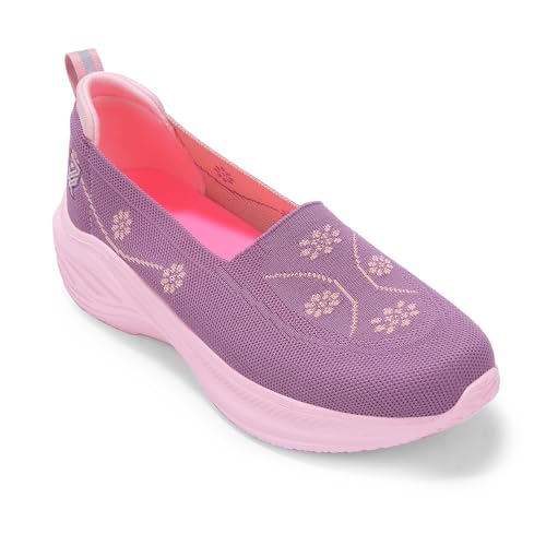 Image of Liberty LEAP7X GLOWSTAR-E Slip-On Sneakers for Women - Peach & Navy Knitted Casual Shoes | Memory Foam Cushioned Insole, Lightweight Slip-On Shoes for Walking, College & Casual Outings