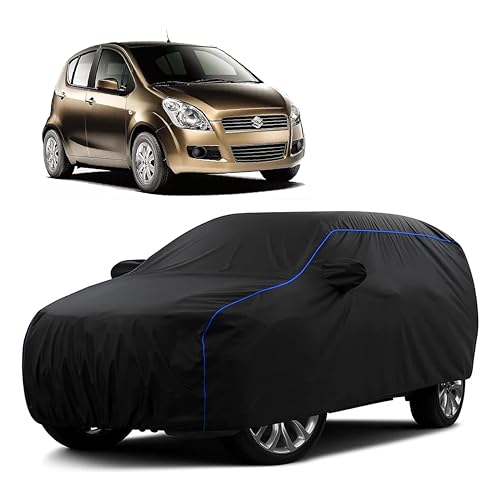Image of Sulfar 100% Water Resistant Car Body Cover Compatible with Mirror for Maruti Suzuki Ritz (Triple Stitched, Full Bottom Elastic, Black Tafetta with Blue Piping)