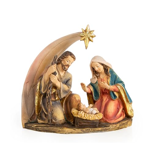 Logbuch-Verlag Petite crèche de Noël, 12 x 11,5 cm: Figurine Sainte Famille en résine, décoration intérieure pour Table ou fenêtre, de l’Avent dorée et Brune, déco Symbolique élégante et chaleureuse