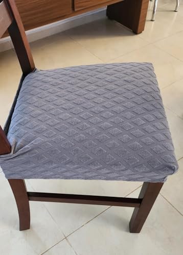 Image of SearchI Stretch Dining Chair Seat Covers Set of 6, Soft Removable Washable Seat Covers for Dining Chairs, Dining Room Seat Cover Slipcover Protector (Rear-Covered, Grey Diamond Jacquard)