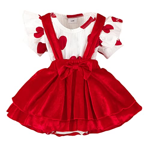 Toddler Baby Girls Valentine's Day Outfit Sets Ribbed Heart Print Romper + Velvet Red Suspender Skirt 2Pcs Set (Red, 9-12 Months) #TOP13