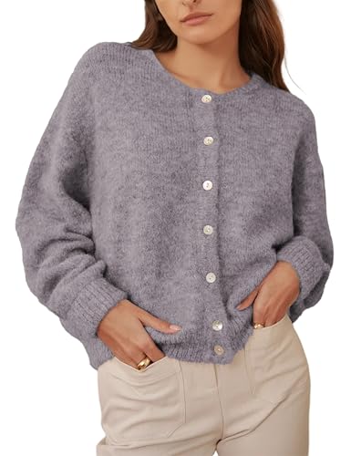 Image of Ynhonra Womens Cardigan Sweater Front Button Loose Y2k Long Sleeve Crewneck | Lightweight Knit Ribbed Hem