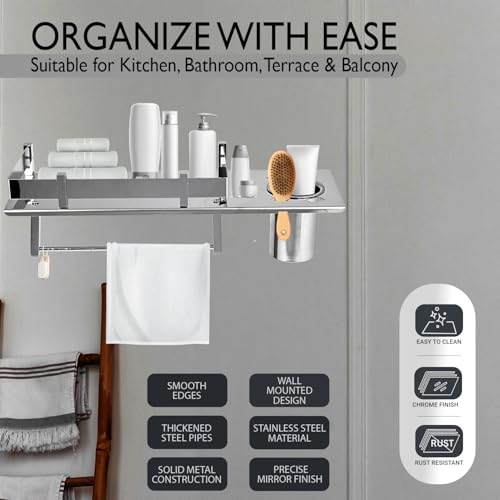 Image of Zureni 3-in-1 Shelf Rack for Bathroom 304 Grade Stainless Steel Towel Hanger Multipurpose Toothbrush Holder Wall Mount Accessories Storage Stand Home Washroom (1pc, 24 inch)