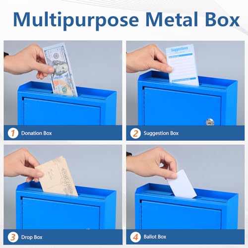 KYODOLED Suggestion Box with Lock and Slot, Small Locking Mailbox for Office, Safe Key Drop Box for Money, Wall Mount Donation Box, Ballot Box with 50 Free Suggestion Cards,9.8" W x 3" D x 7" H, Blue