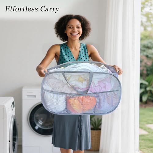 Image of Collapsible Laundry Baskets 2 Pack, Mesh Pop Up Hamper with Handles, Portable Stair Basket, Dorm or Room Folding Bin, Dirty Clothes Hamper Light Breathable. Grey. 2H