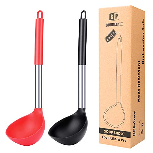 Pack Of 2 Ladle Spoon,Silicone Large Spoon For Soup,Non Stick Kitchen Utensils With High Heat Resistant,Bpa Free Perfect Kitchen Tools For Cooking, Stirring,Serving Soups (Black Red) #TOP28