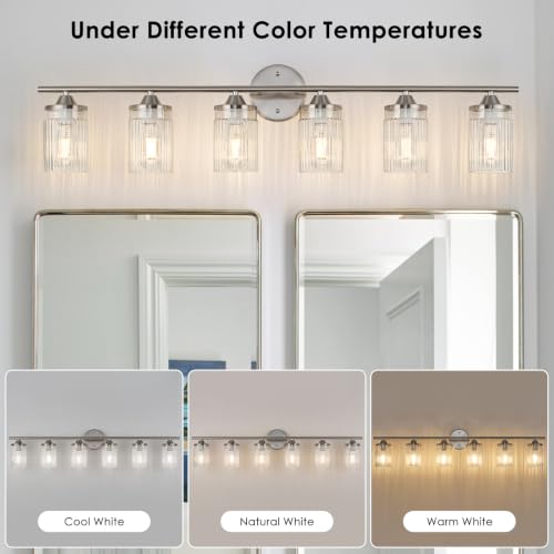 Image of Jonsi Nickel Bathroom Light Fixtures 6-Light Vanity Lights Modern Wall Sconce with Clear Glass Shade Brushed Nickel Bathroom Light Fixture Over Mirror for Bedroom Hallway Kitchen