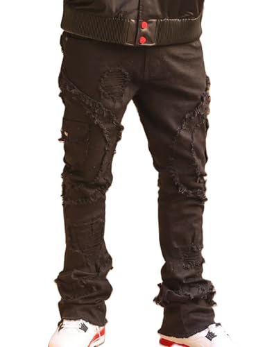 Mens Regular Fit Stacked Jeans Patch Ripped Skinny Distressed Destroyed Straight Denim Pants Streetwear