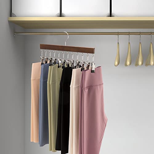 Cinpiuk Legging Organizer For Closet, Wooden Hangers With Clips Holds 12 Leggings/Yoga Pants/Jeans/Skirts, Hanging Pants Hangers W/Rubber Coated Clips Space Saving Closet Organizer, Walnut #TOP6