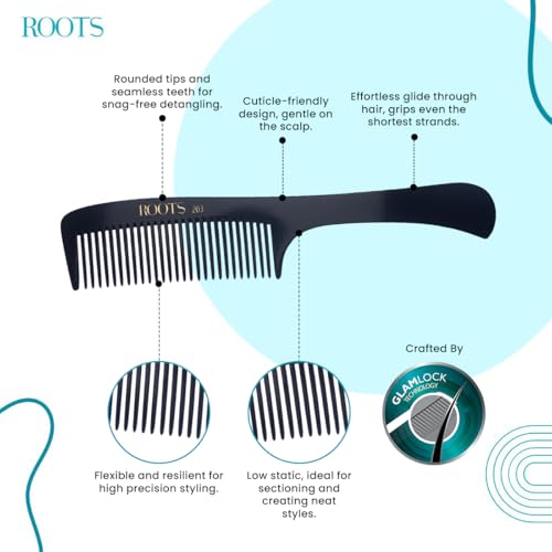 Image of ROOTS - Professional Hair Cutting Fine Tooth Comb with Handle | Salon Grade - For Men & Women | Ideal for Sectioning & Colouring | Round Teeth prevent Hair damage | Length - 8.9 Inch | Model No. 203
