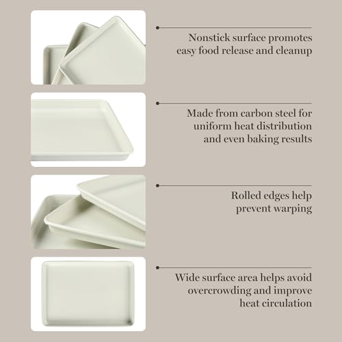 Image of Martha Stewart Gallen 3-Piece Cookie Sheet Set - 13 inch, 15 inch, 17 inch Baking Pans, Ceramic Nonstick, PFA-Free, Carbon Steel - Oven Safe to 450F, Warp-Resistant, Easy to Clean - Linen White