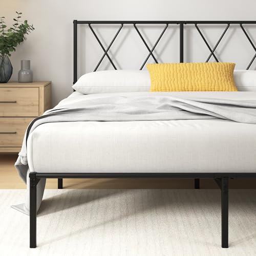 Zinus Elias Bettgestell 90 x 200 cm mit Moderne Kopfteil - Metallbett 90x200 mit Metall-Lattenrost - 30 cm Hohe Plattform mit Freiraum Darunter - Kein Boxspringbett Erforderlich - Schwarz