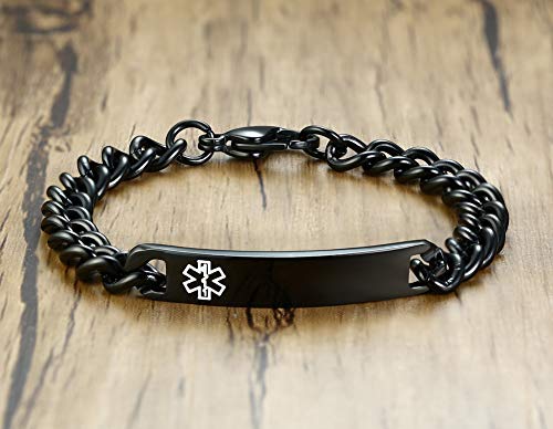 Custom Free Engraving- 8mm High Polished Surgical Steel Chain Medical Alert ID Bracelets for Women and Men,Black - Thumbnail 3