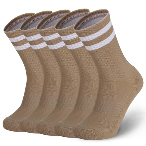 Image of Ultrafun 5 Pairs Striped Crew Socks Cotton Cushioned Athletic Sports Running Socks for Men Women Teens