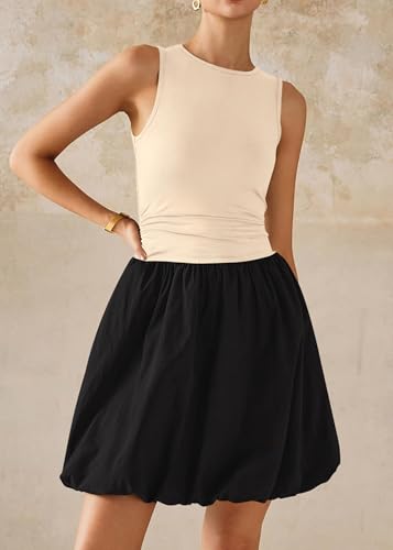 Image of KIRUNDO Summer Dresses for Women 2026 Cute Mini Sleeveless Bubble Dress | Stretchy Ruched Front Cinched Waist, Woven Balloon Skirt, Crewneck Tank Sundress With Pockets, Casual Party Vacation Outfits