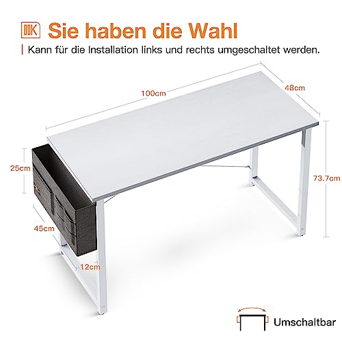ODK Klein Schreibtisch Weiß 100×48×74cm Computertisch Bürotisch mit Kopfhörer Halter und Aufbewahrungstasche, Kleiner Schreibtisch Arbeitszimmer Holz PC Tisch Officetisch für Home, Office – Bild 3