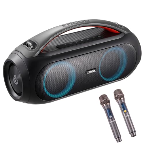 INMOZATA Portable Bluetooth Speaker with 2 Wireless Microphones, 80W RMS Speaker with Deep Bass, EQ, IPX5 Waterproof, 24H Playtime, Power Bank, RGB Lights, Wireless Stereo Pairing for Home, Outdoors