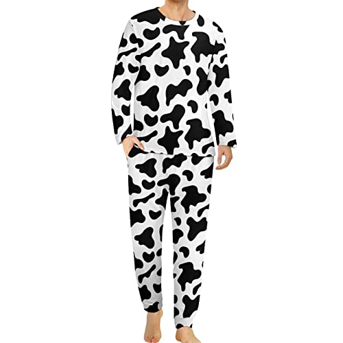SEPTYK Cowhide Milk Cow Print Men's Pajama Set Long Sleeve Top & Bottom Sleepwear 2 Piece Lounge PJ with Pockets