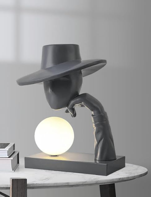 Image of Abstract Black Resin Sculpture Table Lamp Hat-Wearing Human Face Figure (Bulb Included)
