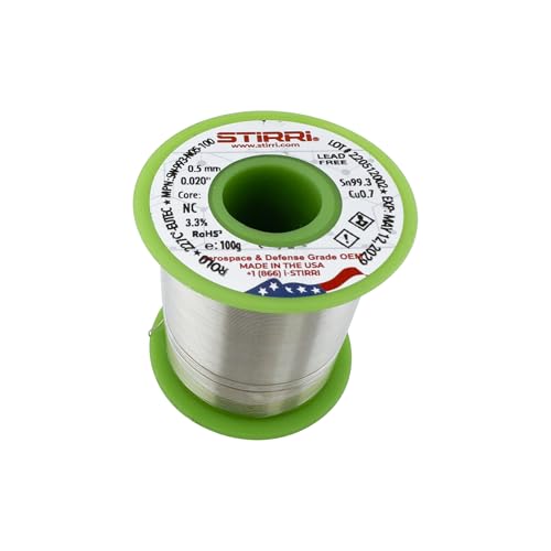 Image of STIRRI-LF-993 Sn99.3Cu0.7-0.5 mm 0.020 inch no-clean lead-free eutectic solder wire 2.5% NC-core - 100g spool (ROL0) - for soldering electronics, sensitive devices