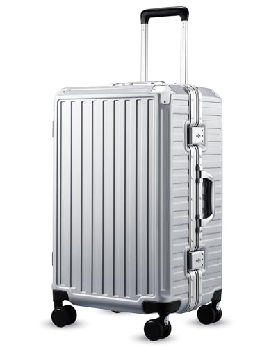 Image of Checked Luggage with Spinner Wheels, 8010S Aluminum Frame Zipperless Polycarbonate Hard Shell Suitcase (ZX-Core, Silver, 24 Inch)