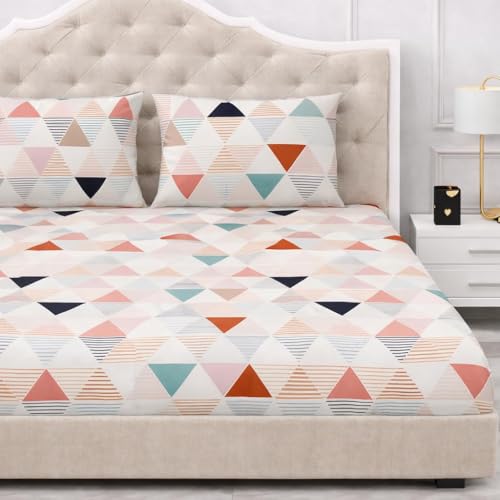 Image of 300 TC Cotton Feel Glace Cotton Elastic Fitted Bedsheet for King Size Double Bed | Fits up to 8 Inch Mattress | Printed Bedsheet with 2 Pillow Covers (White Zik Zak, Double Size - 72 inchx72 inch)