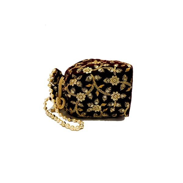 Nakh Chanderi Women's Velvet Ethnic Bridal Potli Bag With Sequins and Thread Work | Maroon - Image 3