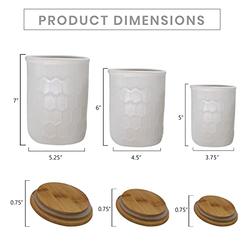 First Of A Kind Kitchen Canisters - White Stoneware Canisters With Bamboo Lids, Set Of 3 Storage Canister Container Set - Honeycomb Design, Ceramic Food Canister Jars For Tea, Sugar & Flour Storage #TOP4