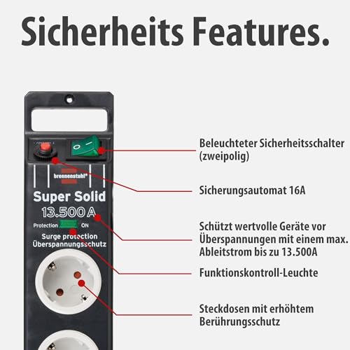 Brennenstuhl Super-Solid, Steckdosenleiste 8-Fach mit Überspannungsschutz (Steckerleiste mit 2,5m Kabel und Schalter, Mehrfachsteckdose aus bruchfestem Polycarbonat) schwarz/grau
