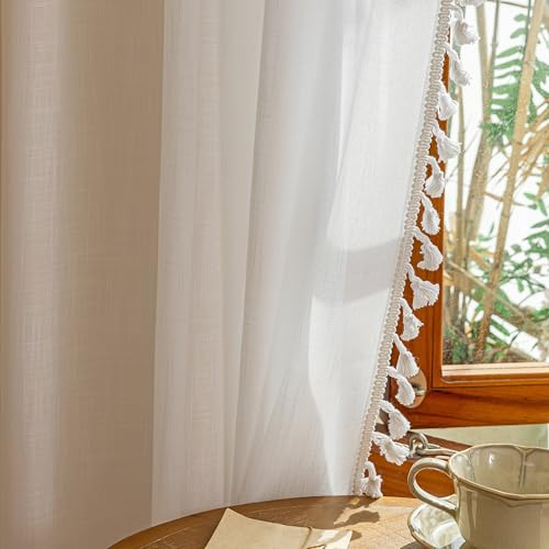 Image of MYSKY HOME Semi Sheer Light Filtering White Bohemian Curtains for Sliding Door 96 Inches Long，Back Tab Ceiling Curtains with Tassel for Living Room Bedroom, 50 inch x 96 inch，Pure White，2 Pieces