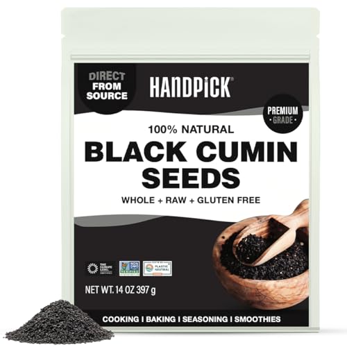 HANDPICK Black Cumin Seed (14oz) Pure Nigella Seeds - No Salt or Preservatives, Non GMO | Indian Black Whole Cumin | Gluten Free, Aromatic & Farm Fresh Kalonji | Resealable Zip Lock Pouch