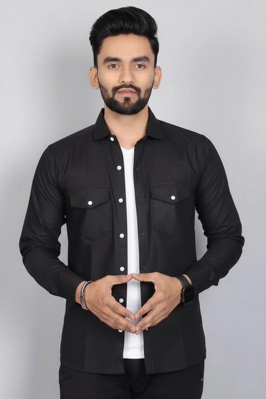 Image of DEELMO Men Solid Slim Fit Casual Overshirt Style Shirt | Full Sleeve Button-Down Layering Shirt Smart Casual Look