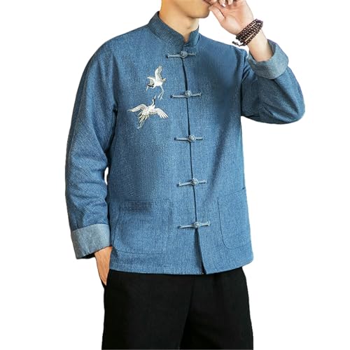 Veste en jean style chinois homme broderie grue col montant boutons grenouille bleu XL