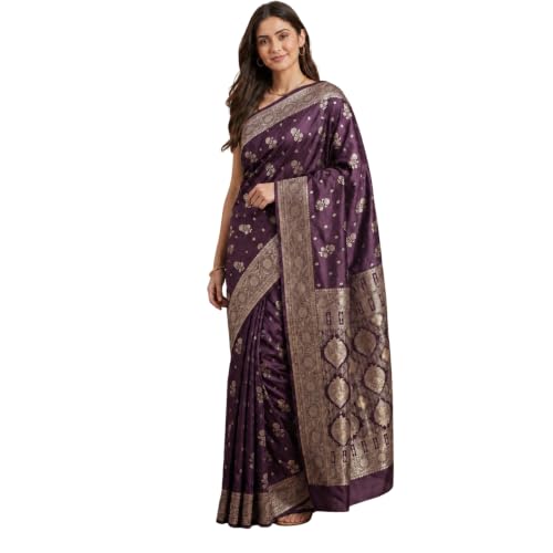 Banarasi Kala Woven, Floral Print Banarasi Brocade, Katan Silk Saree (Purple)