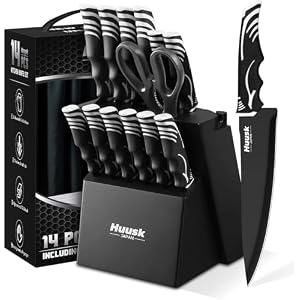 Huusk Knife Block Set with Sharpener - Kitchen Knives Set with Wooden Knife Block - Ideal Housewarming Gifts for New Home - Chef Knives with Kitchen Shears - Christmas Gift for Men Women - Black