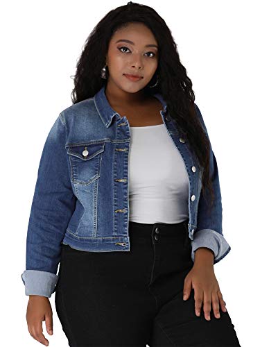 uxcell Women's Plus Size Button Closed Cropped Denim Jackets Stitching 20254