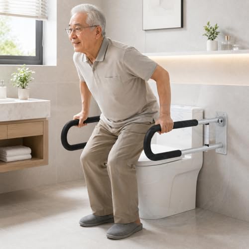 Image of BATH GURU Foldable Aluminium Toilet Grab Bar for Elderly & Disabled, Wall Mounted Bathroom Safety Rail with Soft Nylon Anti-Slip Grip, Heavy Duty Handicap Support Handle for Senior Citizens Pack of 2