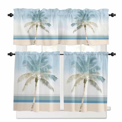 Summer Coast Palm Trees Kitchen Curtains 36 Inch Length, 3 Piece Rod Pocket Small Half Tiers and Valance Set, Blue Sky Watercolor Beach Small Large Window Treatment Decor for Bedroom/Bathroom Sink