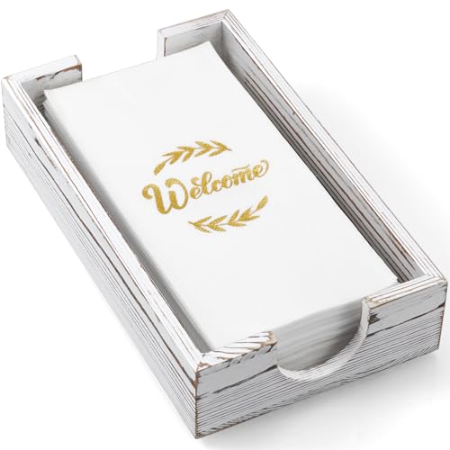 Servilletero para baño, bandeja para toallas de invitados de madera lavada blanca para baño, soporte de toallas de mano de papel desechable para accesorios de baño, servilletero de cena para mesa de