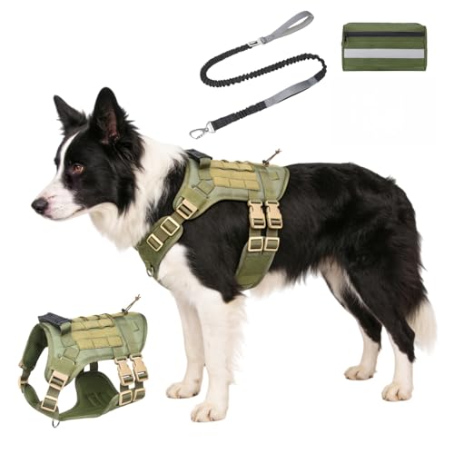 emcpter 犬 ハーネス 引っ張り防止 中型犬 大型犬 リード 胴輪 迷彩 犬用ハーネス パトロール 耐久性 のある軍用犬ハーネス強いナイロンペットベ ストワーキングドッ グトレーニングハーネ 安全 おしゃれドッグ 訓練【Mサイズは胸囲60～80cm、首囲50～68cm、体重20～30kgの犬に適しています】緑色 M