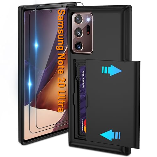 Pilaru Sliding Card Holder Case for Samsung Note 20 Ultra | Hidden Slot Cards | 2 screen protectors | Shockproof Protective Wallet Cover | Durable Dual-Layer Design for Galaxy Note 20 Ultra, Black