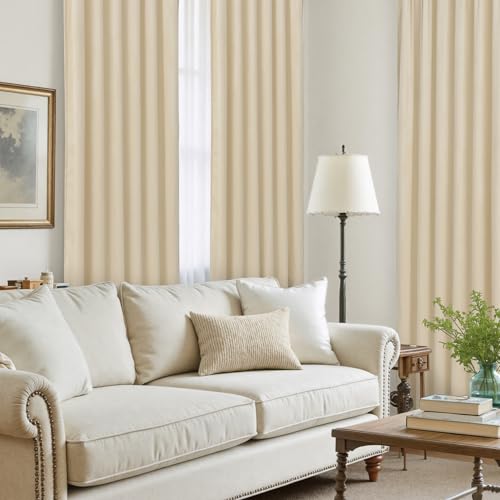 LAMIT Beige Velvet Curtains 90 Inches for Living Room, Elegant Thermal Insulated Panels Noise Reducing Back Tab and Rod Pocket Drapes for Bedroom/Farmhouse, 2 Panels, 52 x 90 Inch