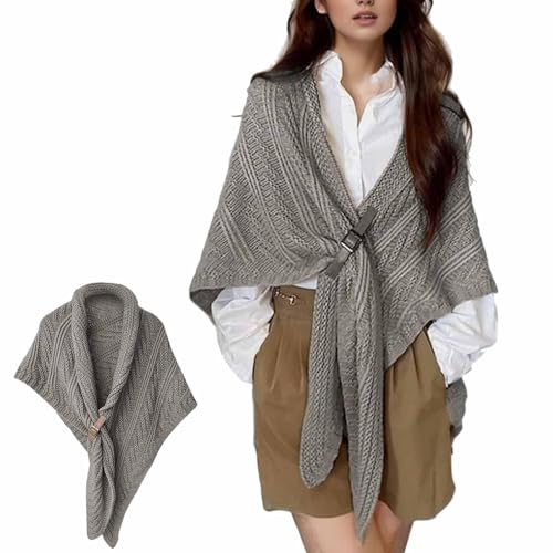 WYLFYJP Châle Triangulaire Tricoté avec Boucle Cuir, Châle Tricoté Triangulaire Automne-Hiver, Écharpe avec Manches for Femme, Châle Triangulaire Multifonctionnel for Dames, Écharpe Chaude(Grey)