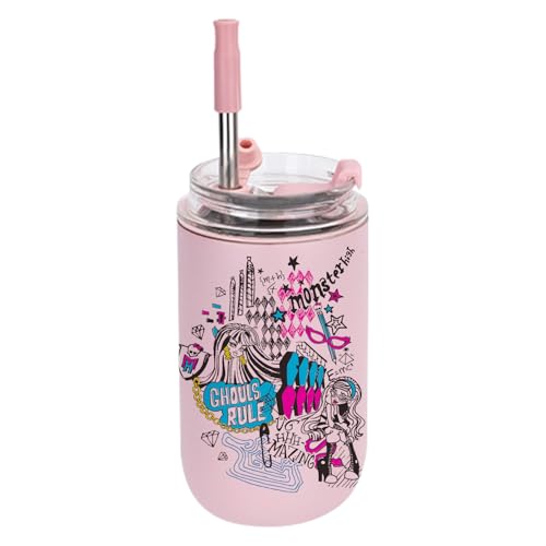 UBBY Monster Cooles - Termo de acero inoxidable para niña, 280 ml, a prueba de fugas, con pajita para el hogar, la oficina y el exterior (graffiti rosa)