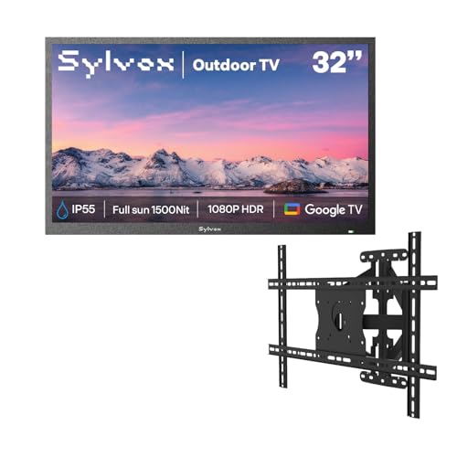 Image of SYLVOX 32" Outdoor TV with Wall Mount,1080P Full Sun Outdoor Television, 1500Nits, IP55 Weatherproof, Google OS, Full Motion Bracket with 6 Articulating Dual Arms, Max VESA 600×400 (Pool Se)