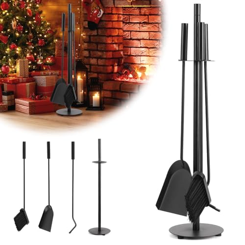 ISOISL Kaminbesteck, 3-teiliges Kaminbesteck Set, Kamingarnitur mit Besen, Schaufel, Eisenhaken, Ständer, Kaminzubehör Modern Design, Ofenbesteck mit Rundem Sockel, Schwarz