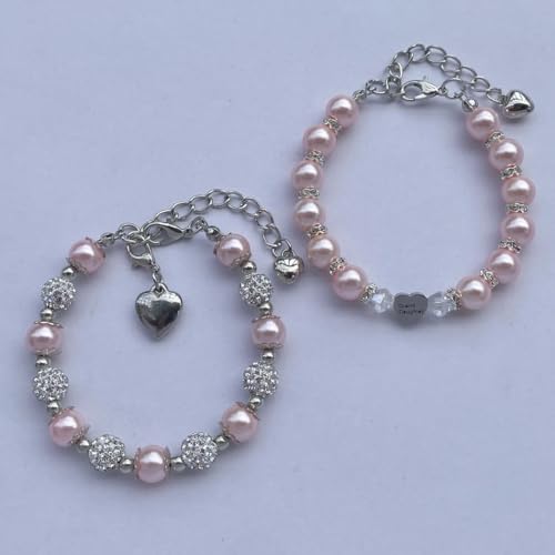 Image of DOLON 2 Pcs Imitation Pink Pearls Crystal Beads Heart Charm Bracelets Gift for Granddaughter,Sister,Daughter with Graduation Birthday Christmas First Day Wish Card